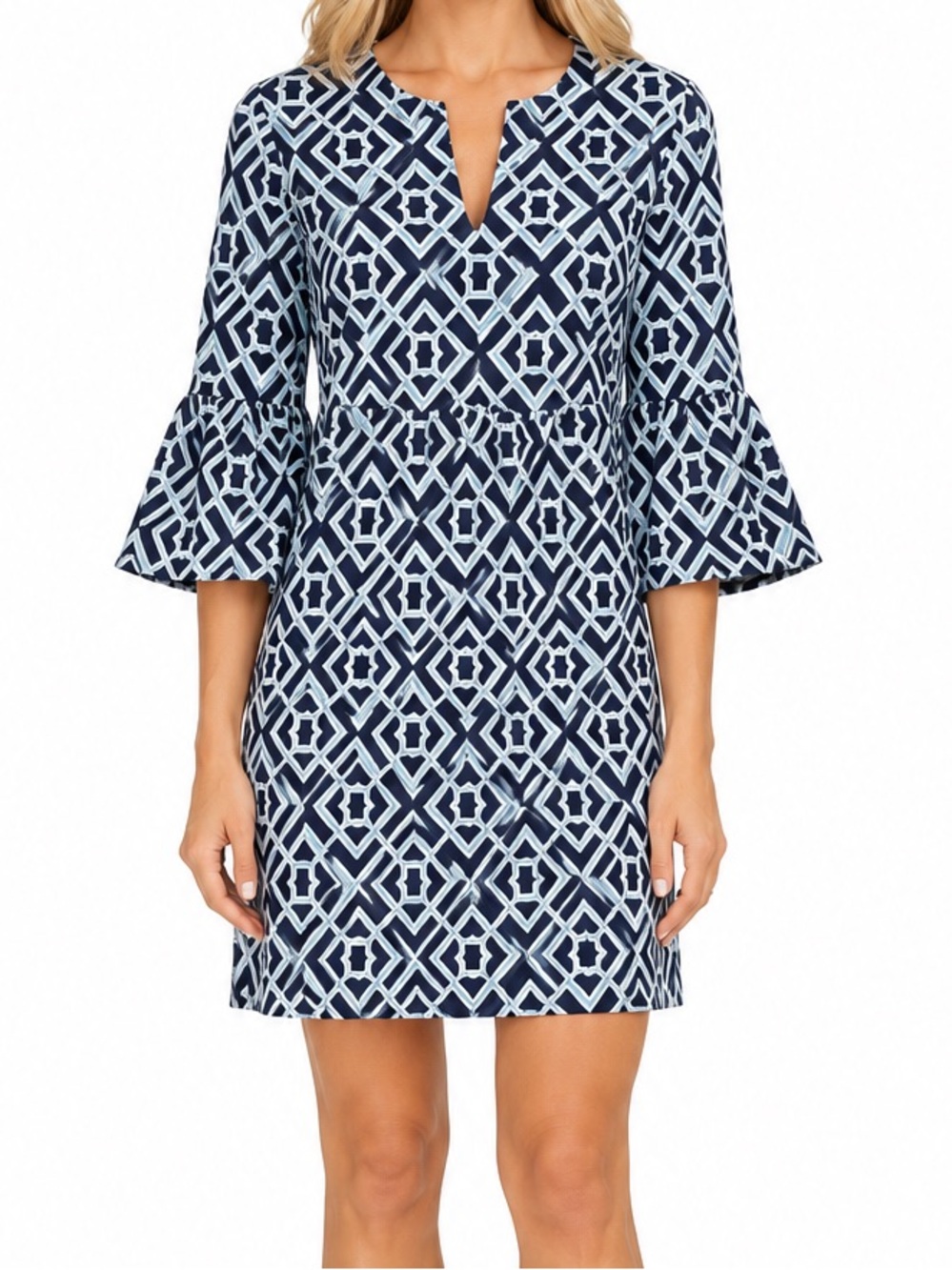 Jude Connally Kerry Garden Lattice Loden Bell Sleeve Pocket Shift Dress Blue M